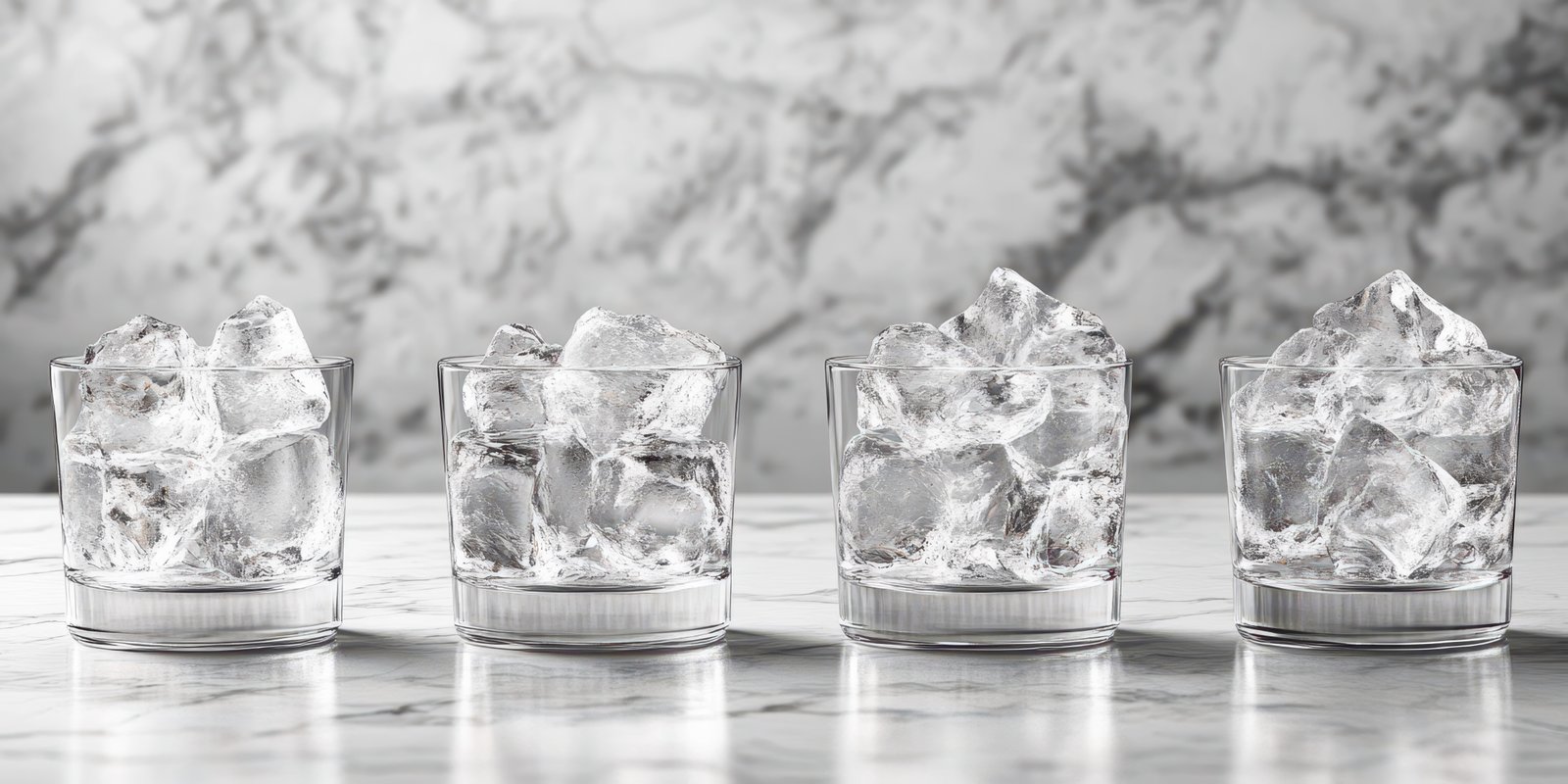 Refreshing glasses filled with ice cubes arranged neatly on a countertop